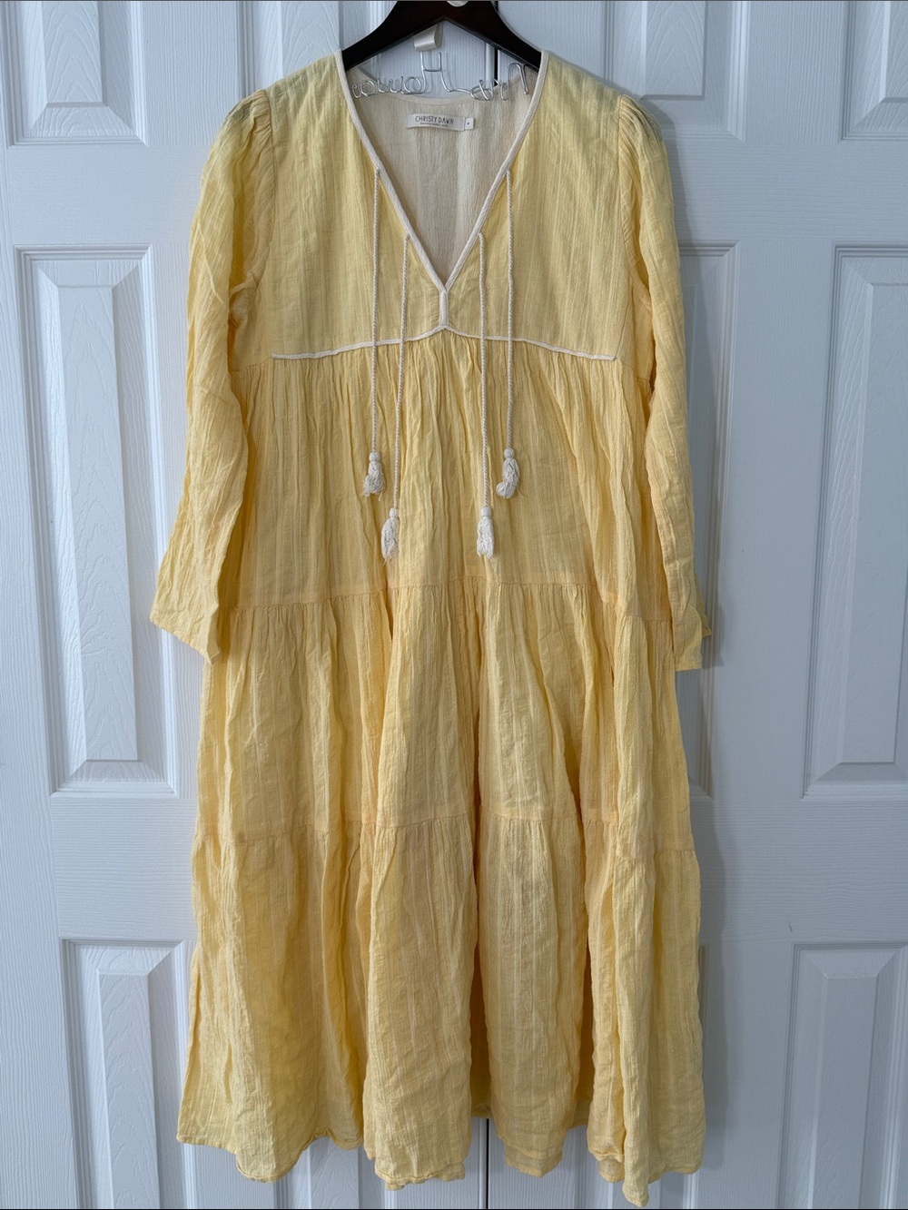 Christy Dawn Paloma Maxi Dress Women’s Sz M Boho Cottagecore Tiered Tassel Tie